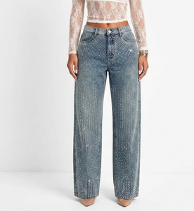 High Waist Wide Leg Denim <b>Pant</b> Stonewashed Blue Full Length Button Fly <b>Sequined</b> Rhinestone Casual Style 100% Cotton Woven Fabric - Product Image 2
