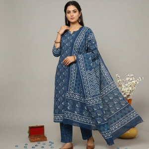 Indigo White Floral Cotton Kurti Sarong <b>Pyjama</b> Set | High Quality Hand Block Print Women Resort Wear | Ethnic Handmade Outfit - Product Image 2