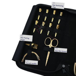 Kit d'outils tout-en-un pour extensions de cheveux dorées : Pince à micro-perles, Pince pour extensions adhésives, Ciseaux à fil, Aiguilles courbées, Pinces - Product Image 3