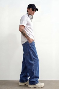 Men's Wide Leg <b>Jeans</b> High Waist Loose Fit Casual Denim Pants 100% Cotton Woven Material <b>Chain</b> Decoration - Product Image 4