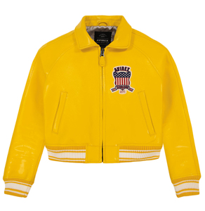 Chaqueta Varsity de Cuero PU Amarillo de Primera Calidad, Color Personalizado, Parche Bordado, Cuello en V, Cierre de Cinturón, Estilo Hip Hop - Product Image 3