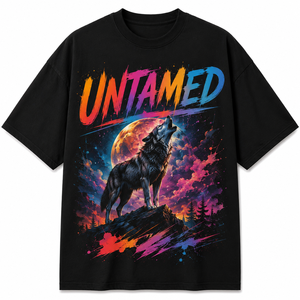 T-shirt Nera da <span class=keywords><strong>Uomo</strong></span> a Maniche Lunghe con Stampa Lupo Selvaggio, Girocollo, Vestibilità Ampia, Casual, 100% Cotone Jersey Traspirante, Stampa Animale - Product Image 2