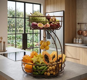 Corbeille à fruits moderne en métal noir à 2 niveaux avec support pour bananes, idéale pour organiser les fruits et gagner de la place dans les petites cuisines, en provenance d'Inde. - Product Image 5