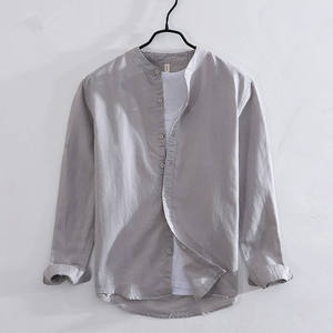 Chemise décontractée pour homme en lin et coton satiné tricoté respirant, anti-plis, à col rabattu, manches longues, boutonnage simple, couleur unie, idéale pour l'été - Product Image 2