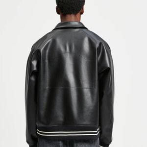 Blouson bomber en cuir PU noir pour homme, col montant, fermeture éclair, coupe décontractée, couleur unie, vêtements d'hiver, streetwear - Product Image 2