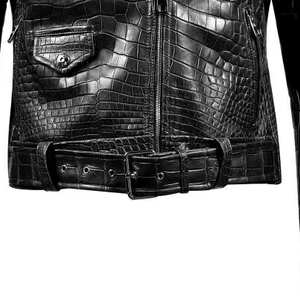 Veste de moto en cuir véritable gaufré croco pour homme, fermeture éclair sur le devant, ceinture, coupe ajustée, coupe-vent, manteau d'hiver pour motard - Product Image 4
