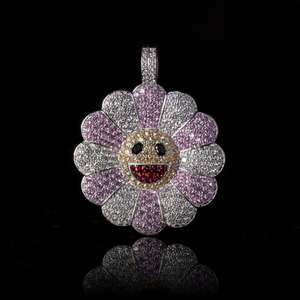 Pendentif de chaîne Iced Out pour femme, motif floral, en argent 925, coloré, rotatif, style Hiphop, personnalisé, fleur arc-en-ciel, en moissanite - Product Image 1