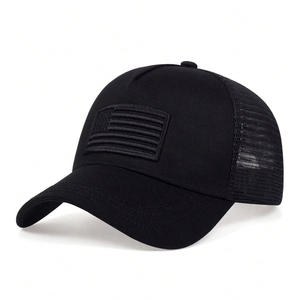 Casquette Trucker Noire Tactique en Maille avec Visière Courbe, Patch Brodé Drapeau Américain, Logo Personnalisé, Snapback – Vente en Gros USA UK UE B2B - Product Image 1