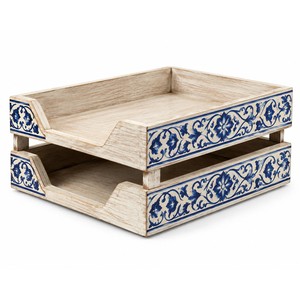 Plateau à lettres en bois de manguier majolique fait main, vente en gros |   Organisateur de bureau empilable Inde - Product Image 1