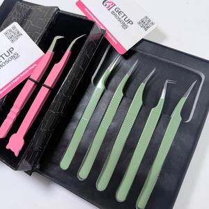 Ensemble de pinces professionnelles pour extensions de cils, en acier inoxydable rose, antistatiques, pinces de précision pour cils, droites, courbées, 45 degrés - Product Image 6