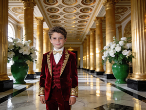 Traje de esmoquin de terciopelo champán para niños con bordado dorado – Traje formal para bodas y fiestas para niños al por mayor - Product Image 2
