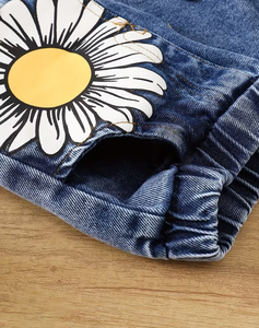 Girls 2Pcs Set Yellow Heart Print Short Sleeve T Shirt Denim Daisy Shorts Casual Summer Outfit - Product Image 5