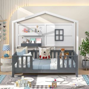 Letto a castello in legno Montessori con 2 mensole e sponde di sicurezza, letto a terra per bambini - Product Image 2