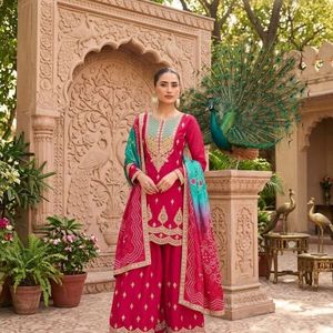 Conjunto de palazzo de seda Chinnon premium listo para usar con dupatta con estampado digital, talla única, cosido por Royal Export - Product Image 1