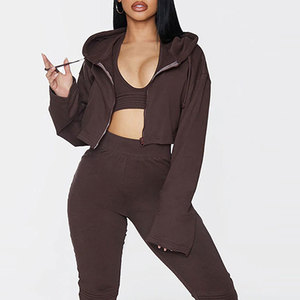 Women's <b>Brown</b> Hooded Zip-Up Cropped Sweatshirt <b>Long</b> <b>Sleeve</b> Solid Knitted Breathable Winter Geo Brothers 100% Cotton Lined - Product Image 5
