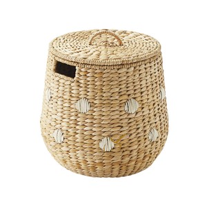 Cesta de Almacenamiento de Jacinto de Agua con Puntos Blancos y Tapa, Organizador de Juguetes Tejido con Bonitos Pompones, Decoración para Habitación Infantil - Product Image 1