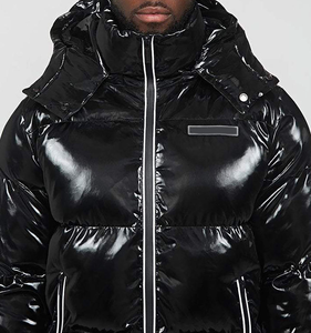Hooded Puffer <b>Jacket</b> Black PU <b>Waterproof</b> Winter Coat Unisex Casual Zipper Closure <b>Thin</b> Insulated Stand Collar Front Outerwear - Product Image 6