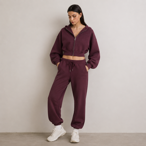 Unisex Maroon Hooded Cropped <b>Hoodie</b> Jogger Set Full Sleeve <b>Zip</b>-Up Loose Fit Lightweight Streetwear 2-in-1 Tracksuit Side <b>Pockets</b> - Product Image 1