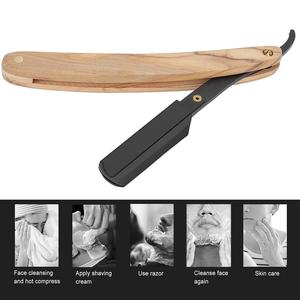 Navaja de afeitar manual plegable de acero inoxidable portátil para el cuidado facial, cuchilla recta con mango de madera natural marrón - Product Image 6