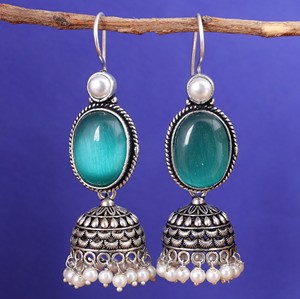 Factory Wholesale Oxidized Silver Green <b>Cat</b> Eye Stone Jhumka <b>Earrings</b> Handmade Ethnic Boho Pearl Drop <b>Earrings</b> for Women - Product Image 2