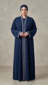 Abaya bleu marine brodée géométriquement, manches longues, longueur ras du sol, robe modeste pour femme, grande taille, style Moyen-Orient, usage quotidien - Product Image 1