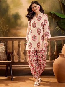 Women's <b>Linen</b> Floral Print Summer Wear Straight Short Kurti With farshi Salwar Set Kurta Pant Set - Product Image 2