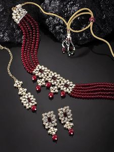 Parure de bijoux de mariage pour femme en alliage de zinc, plaqué or, motif floral ethnique religieux, avec zircon, collier, boucles d'oreilles et coiffe - Product Image 4