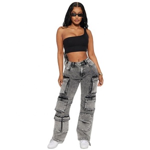 Jean cargo taille haute pour femme grande taille, coupe ample, longueur intégrale, en coton délavé, style décontracté avec plusieurs poches - Product Image 5