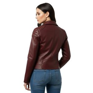 แจ็คเก็ตมอเตอร์ไซค์หนังแท้สีน้ำตาลแดงสำหรับผู้หญิง บริการสั่งทำพิเศษ ขายส่ง แจ็คเก็ตนักขี่มอเตอร์ไซค์สำหรับผู้หญิง หนังพรีเมียม คุณภาพสูง จำหน่ายจำนวนมาก - Product Image 1