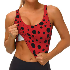Soutien-gorge de sport léger, simple, respirant et écologique pour femme, avec logo frontal, maintien élevé, idéal pour le fitness et le yoga, couleur rouge, motif à pois noirs - Product Image 2