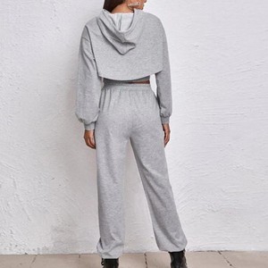 Ensemble de survêtement gris à capuche pour femme, manches longues, couleur unie, décontracté, respirant, coupe ample, pantalon long avec poches latérales, idéal pour l'automne - Product Image 1