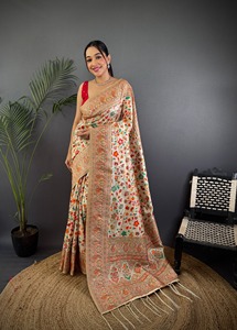 <b>Red</b> Banarasi Silk <b>Saree</b> Floral Paisley Border Traditional Wedding Party Festival Wear with Blouse - Product Image 4