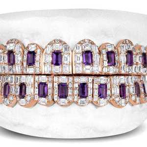 Grillz chapados en oro rosa con corte esmeralda, morados, completamente cubiertos de circonitas, glamurosos, unisex, para fiestas, conjunto de dientes de moda. - Product Image 2
