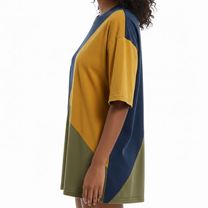 Camiseta de Verano para Mujer, 220 g/m², Bloques de Color, 100% Algodón, Hombros Caídos, Cuello Redondo, Transpirable, Ecológica, OEM - Product Image 5