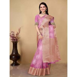TRENDING ORGANZA SIBORI PRINT SAREE CON BLUSA DESCOSTADA BEBÉ ROSA - Product Image 1