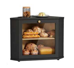 Black Corner Wooden Bread <b>Box</b> 2 Tier Kitchen Counter <b>Storage</b> Organizer Cabinet <b>Bin</b> Holder Container with Glass Door - Product Image 1