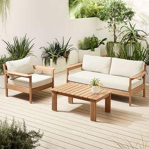 Modern Teak <b>Wood</b> Outdoor Conversation <b>Set</b> with Plain Weave Alabaster Cushions - Product Image 1
