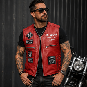 Gilet de moto pour homme en cuir véritable 100% |   Gilet de motard rouge personnalisé avec patchs brodés, design à lacets latéraux et multiples fermetures éclair - Product Image 4