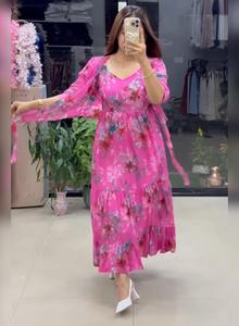 Vestido Largo Informal de Verano 2026, con Estampado Floral, Lavable, Estilo Occidental, para Mujer, Talla Grande, Cuello en V, Tela Georgette - Product Image 4