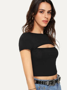 Custom Women <b>Short</b> <b>Sleeve</b> Front Cut Out <b>Black</b> <b>Crop</b> <b>Top</b> Wholesale Streetwear Slim Fit T-Shirt - Product Image 3