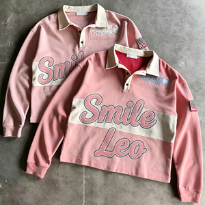 SMILE LEO เสื้อเชิ้ตผ้าใบระบายอากาศแขนสั้นสำหรับผู้ชาย, เสื้อถักลำลองกระดุมด้านหน้าพิมพ์ลายตัวอักษรสีแดงและสีน้ำเงิน - Product Image 5