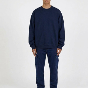 Unisex Oversized <b>Navy</b> Blue Crewneck Sweatshirt Heavyweight 100% Cotton Dropped Shoulder Boxy Fit Blank Pullover - Product Image 1