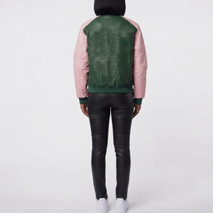 Veste en cuir PU rose et vert personnalisée pour sororité – Col montant à boutons-pression, respirante, vente en gros, fabricant, marque privée - Product Image 3