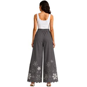 Customized Gray Wide Leg Embroidered Palazzo Pants For Women Floral Cutwork High Waist Cotton Casual <b>Trousers</b> Custom OEM Apparel - Product Image 2