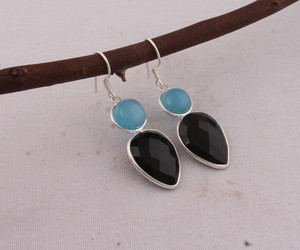 Natural Blue Chalcedony & Black Onyx <b>Earrings</b> 925 <b>Sterling</b> <b>Silver</b> Two-Stone Geometric <b>Dangle</b> <b>Earrings</b> Handmade Boutique Jewelry - Product Image 1