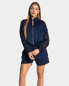New Fashion OEM Custom Drop Shoulder <b>Dark</b> <b>Blue</b> Crop Zip Jacket & Shorts With Stripes Womens Tracksuits Streetwear Women's Hoodie - Product Image 3