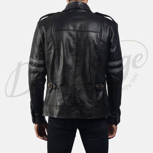 Chaqueta de Cuero Genuino Negra para Hombre con Franjas Grises en los Bíceps, Chaqueta de Motero Elegante, Corte Ajustado, Abrigo Urbano de Invierno - Product Image 2