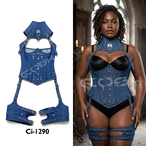 Corset bustier en jean bleu avec harnais à boucles, clous et bretelles réglables / Corset gothique en jean bleu - Product Image 5