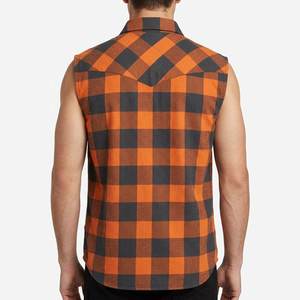 Custom <b>Men's</b> Sleeveless Plaid Flannel <b>Shirt</b> <b>Orange</b> Gray Checkered Casual Turn-down Collar Breathable Woven Fabric Autumn <b>Shirts</b> - Product Image 2