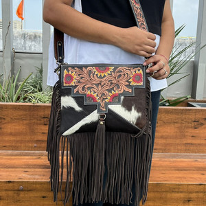 Personalización de gran capacidad para mujer, bolso de hombro tipo bandolera con flecos de piel de vaca, diseño de lujo, bolso con cremallera Floral - Product Image 4
